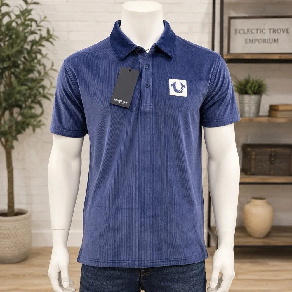 True Religion SS Velour Polo Shirt NWT Blue Men's Medium Short Sleeve